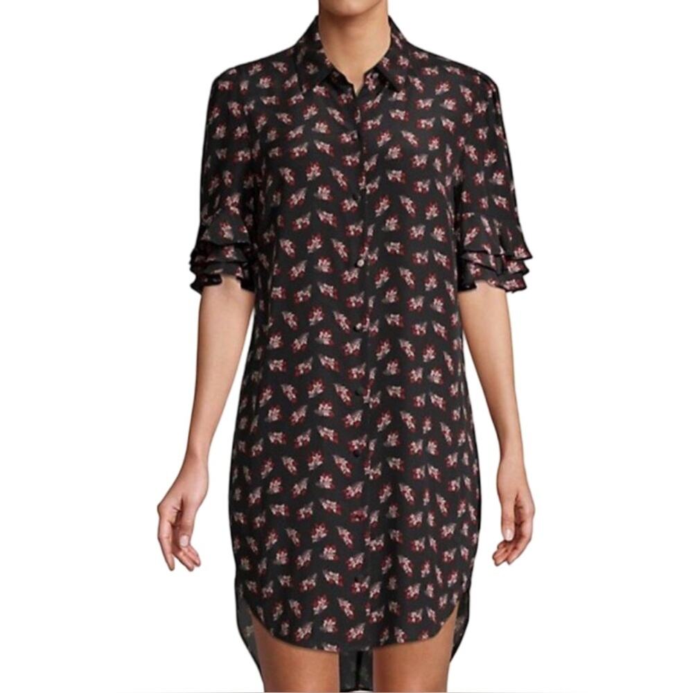 FRAME Printed Ruffled High Low Silk Shirtdress Black Red Floral Small‎